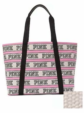 PINK Victoria's Secret Logo Print Pink & Black Zipper Tote Bag, NWT